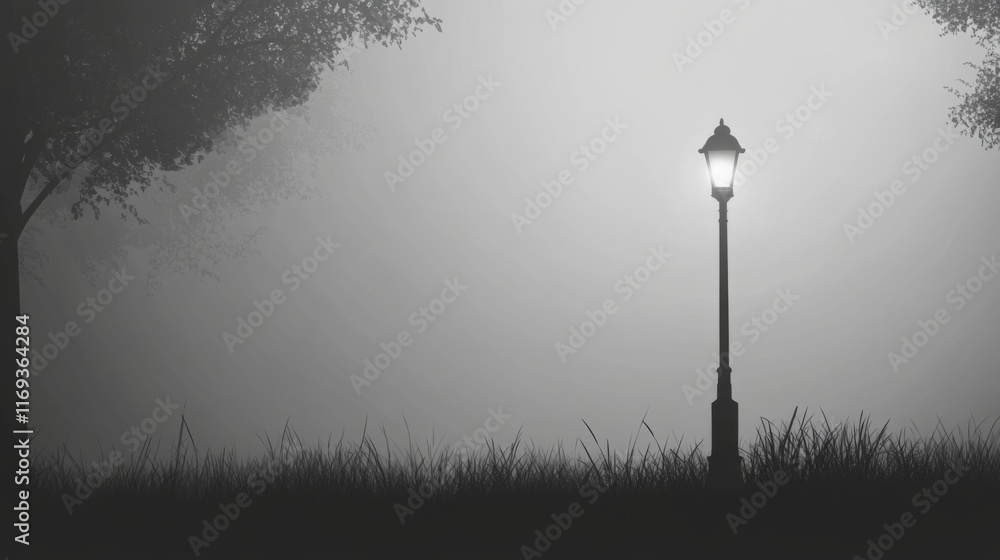 Lone lamppost glowing in foggy park at dawn. Lone lamppost glowing in foggy park at dawn.