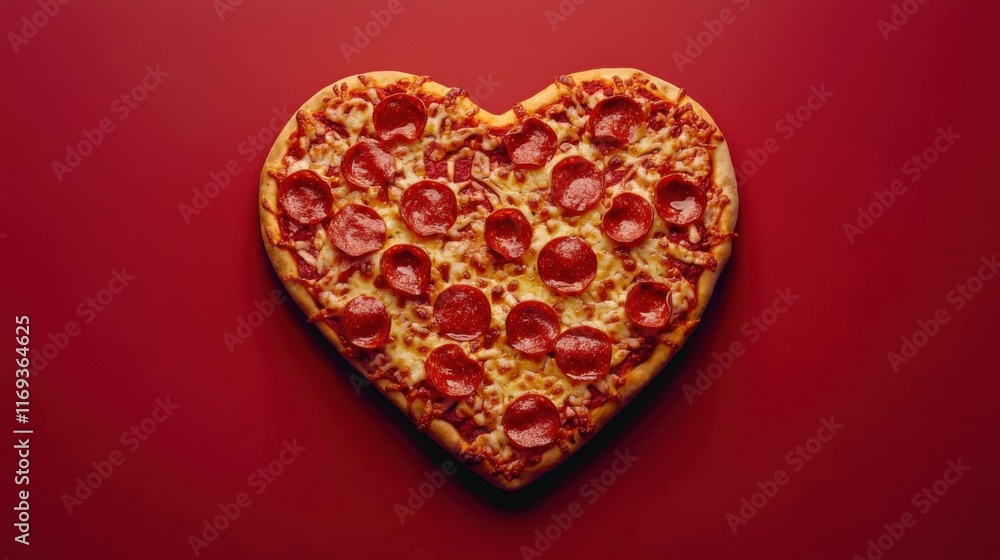 Fototapeta premium Pizza heart shaped and on red background . Concept of romantic love for Valentines Day .