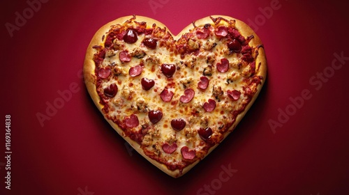 Pizza heart shaped and on red background . Concept of romantic love for Valentines Day .