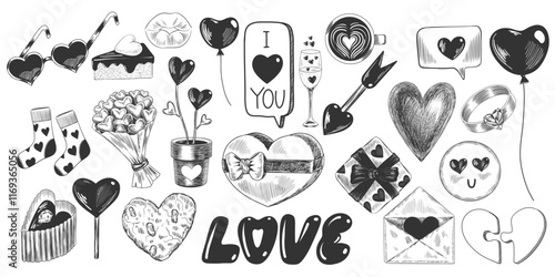 Valentines day set. Love theme sketch style illustrations. Collection of hearts, wedding elements, romantic doodles. Hand drawn gift boxes, balloons, text, sweets, love icons isolated on white