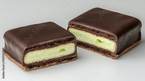Rich chocolate bar features green milk chocolate and pistachio filling, showcasing vibrant colors and textures against a dark background.
