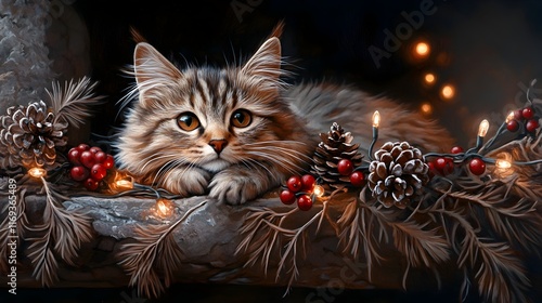 Cozy cat curled up by the fireplace surrounded by twinkling holiday lights and elegant baroque oil painting decor in a rustic winter cabin interior photo