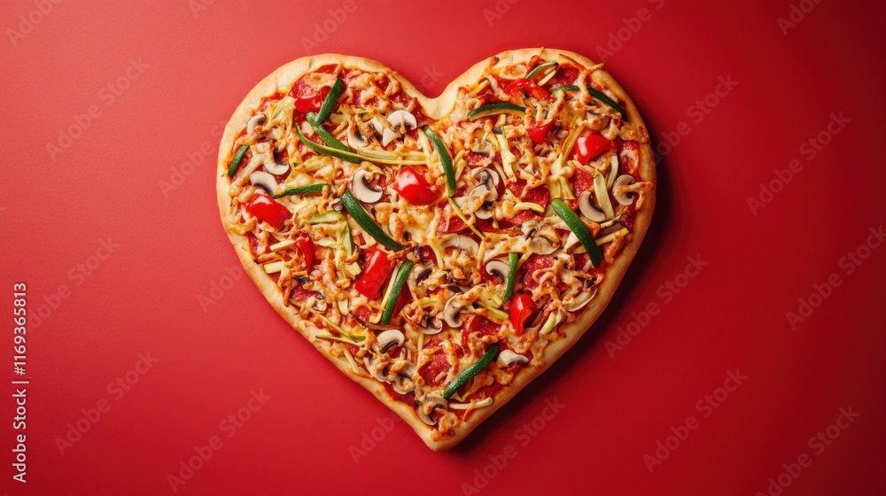 Fototapeta premium Pizza heart shaped and on red background . Concept of romantic love for Valentines Day .