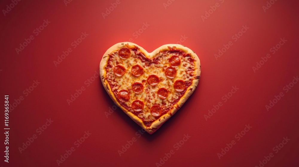 Pizza heart shaped and on red background . Concept of romantic love for Valentines Day .