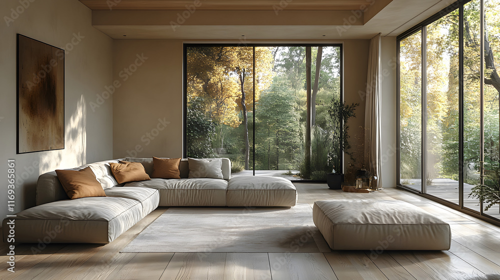 Fototapeta premium A minimalist living room with summery accents and sleek functional furniture