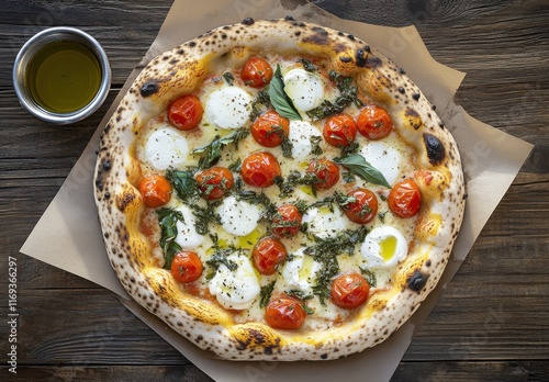 Freshly Baked Margherita Pizza with Mozzarella Cheese, Cherry Tomatoes, Basil Leaves, and Olive Oil on Rustic Wooden Surface photo