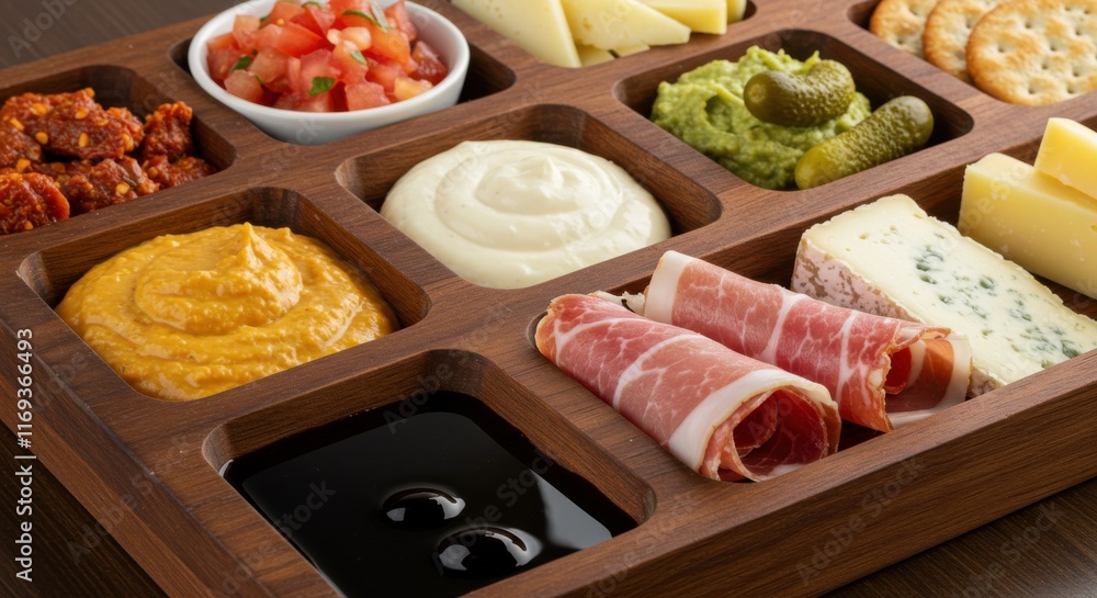 Obraz premium A customizable charcuterie board with compartments for dips and sauces