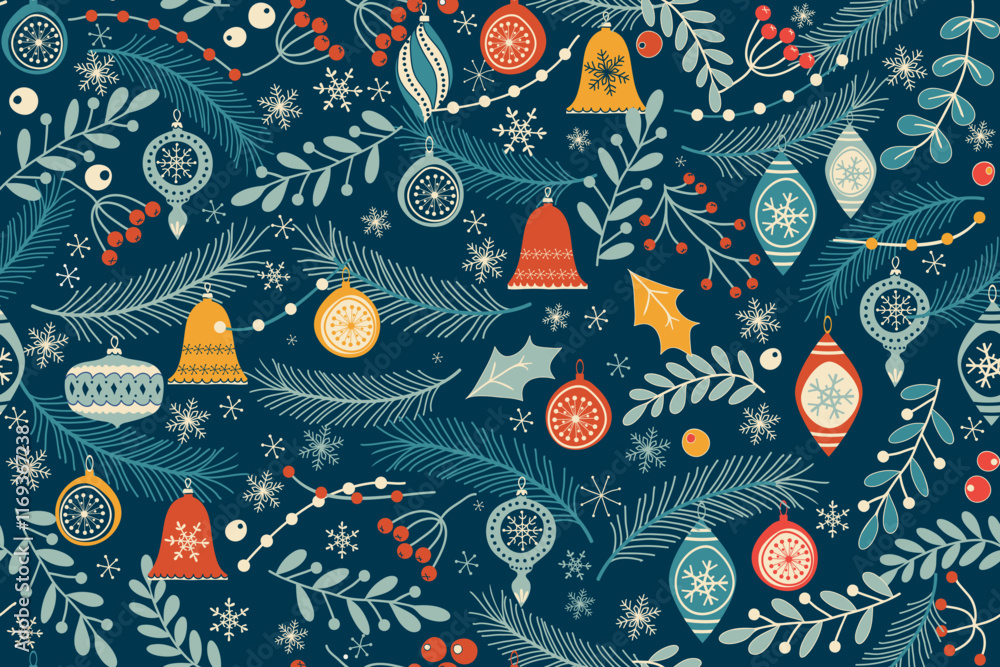 Naklejka premium Christmas seamless pattern for greeting cards, wrapping papers. Hand drawn winter background. Vector illustration.