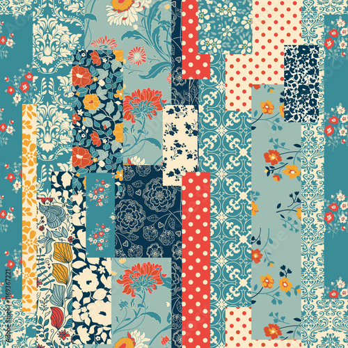 Seamless abstract colorful patchwork pattern from flowers in folk style. Shabby chic. Vintage hand made quilt. Hand drawn background in retro colors. Vector illustration