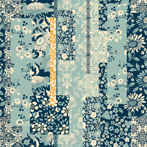 Seamless abstract colorful patchwork pattern from flowers in folk style. Shabby chic. Vintage hand made quilt. Hand drawn background in retro colors. Vector illustration