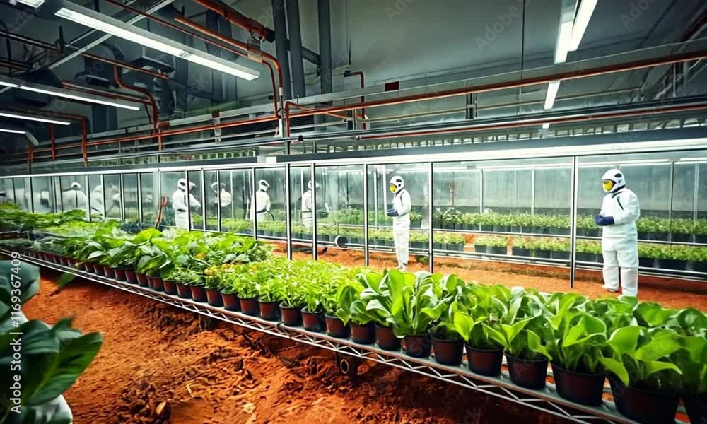 Scientists Growing Plants in High-Tech Greenhouse with Artificial Lighting Scientists Growing Plants in High-Tech Greenhouse with Artificial Lighting