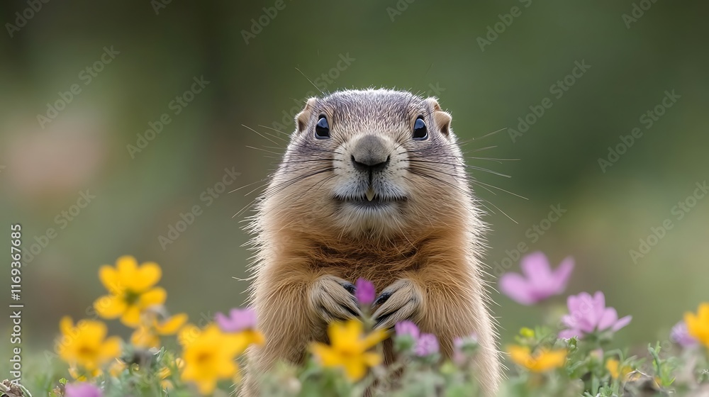Fototapeta premium cute prairie dog sitting upright in a field of colorful flowers