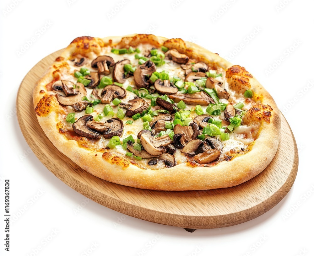 Freshly Baked Mushroom Pizza with Green Onions on a Wooden Board Ready to Serve in a Bright and Inviting Setting Freshly Baked Mushroom Pizza with Green Onions on a Wooden Board Ready to Serve in a Bright and Inviting Setting