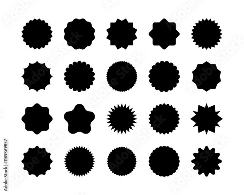 Circle sticker set. Starburst speech bubbles. Wavy edge promo black badges. Starburst shape tags for price. Blank sale stickers.
