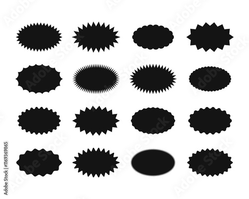 Badge star, sticker starburst shape, sale price tag, round discount icon. Set of black price stickers, sale or discount stickers, and sunburst badge icon. Special offer price tag.