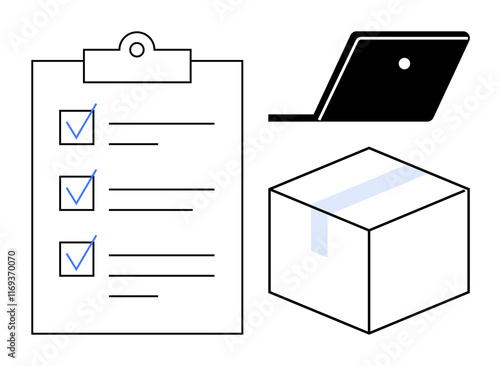 Checklist with completed tasks, laptop, and packaged box represents organization, productivity, and logistics. Ideal for business management, planning, efficiency, productivity tools inventory