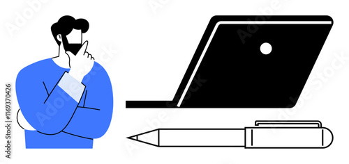 Man in blue thinking, side view of a black laptop, and a black pen. Ideal for brainstorming, ideation, remote work, education, productivity creativity digital workspace concepts. Abstract line flat