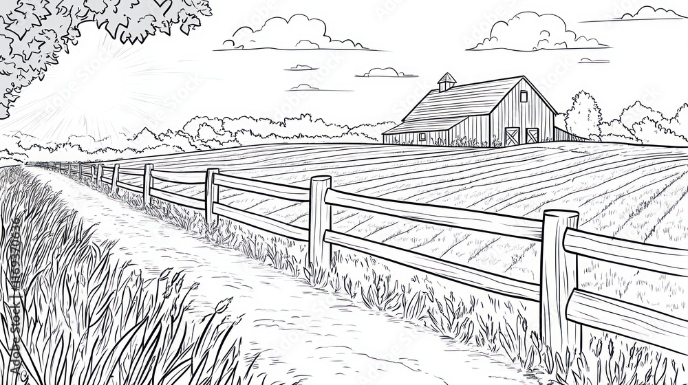 Fototapeta premium Rural Farm Scene With Barn And Fence Along Path