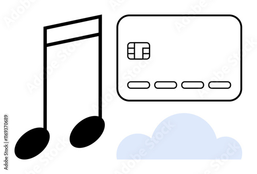 Music note, credit card with chip, and cloud highlight digital transactions in the music industry. Ideal for fintech, online music sales, streaming services, digital storage, e-commerce, contactless