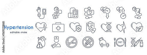 Hypertension line icon set. Heart, tonometer, blood pressure, pulse, vascular disease, prevention, hypertensive crisis, normal sleep, physical activity vector illustration Editable Strokes