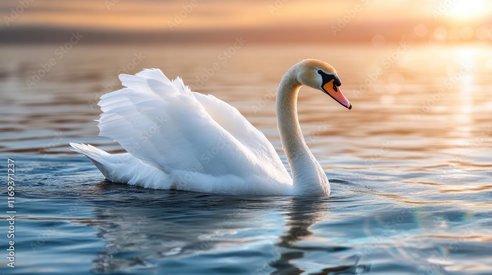Obraz premium A serene swan glides on tranquil water bathed in golden sunset hues. Ideal for nature websites, travel blogs, or peaceful desktop backgrounds.