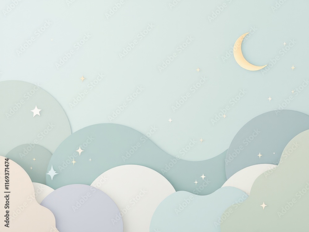Fototapeta premium Dreamy pastel background with moon and clouds, creating a serene and peaceful image for calming, delicate or children’s designs.