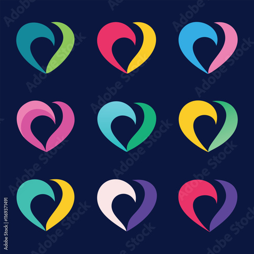 A collection of vibrant and colorful heart designs featuring dual tones, crafted in a modern style against a dark base. Perfect for themes of love, emotions, and contemporary artwork.