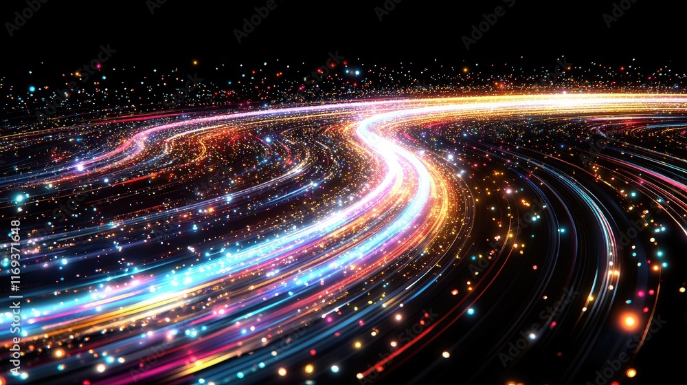 Fototapeta premium Vivid streams of light particles flow and curve across a dark backdrop. Ideal for digital art music visualization or sci-fi backgrounds.