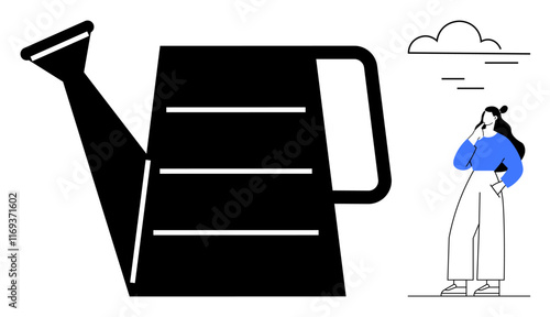 Large black watering can with a handle and spout, next to a thoughtful person standing and looking up, some clouds. Ideal for growth, nurturing, contemplation, problem-solving, gardening, personal