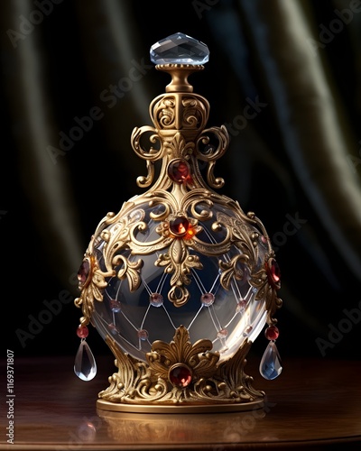 Exquisite Perfume Bottle with Ornate Glass Design and Luminous Reflections on Velvet Surface photo