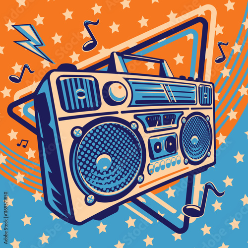 Music design - colorful playing boom box tape recorder with musical notes