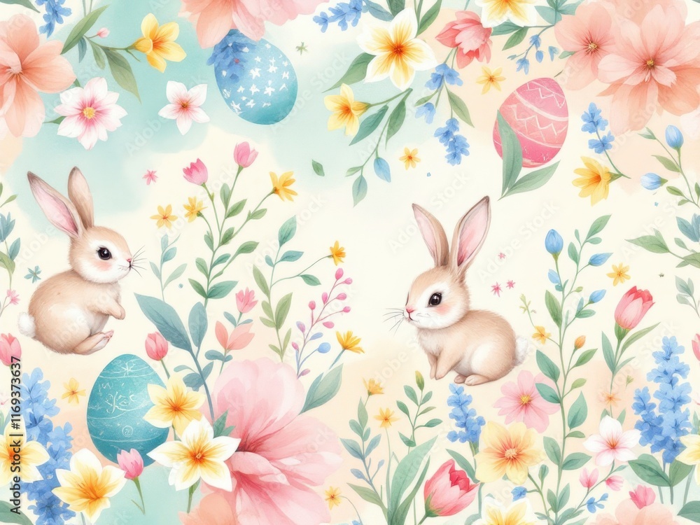Seamless Easter pattern with bunnies, eggs and flowers, a joyful and festive design, perfect for holiday, spring or children’s projects. Seamless Easter pattern with bunnies, eggs and flowers, a joyful and festive design, perfect for holiday, spring or children’s projects.
