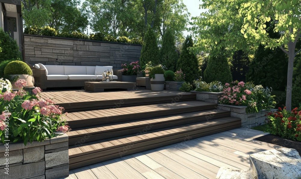 Wooden deck, stone walls, lush garden, patio furniture. Wooden deck, stone walls, lush garden, patio furniture.