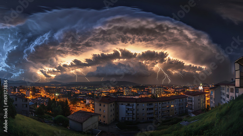 Spectacular thunderstorm with bright flashes and heavy rain in nocturnal urban scene photo