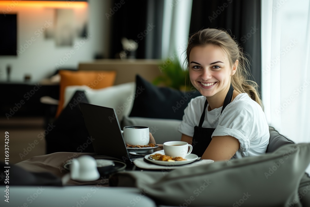 oung woman enjoying breakfast and working remotely on laptop in modern apartment living room, combining work and leisure, early morning routine oung woman enjoying breakfast and working remotely on laptop in modern apartment living room, combining work and leisure, early morning routine