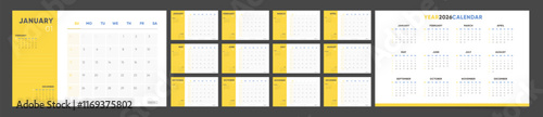 Calendar 2026, Calendar 2026 Sunday Start Bold Yellow Corporate Design Template Vector with Place for Notes. 12 Monthly Pages Calendar Planner for whole 2026 year. 