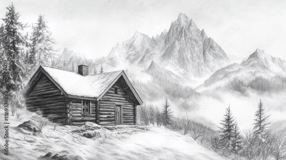 A Log Cabin Nestled Amongst Snowy Mountains A Log Cabin Nestled Amongst Snowy Mountains