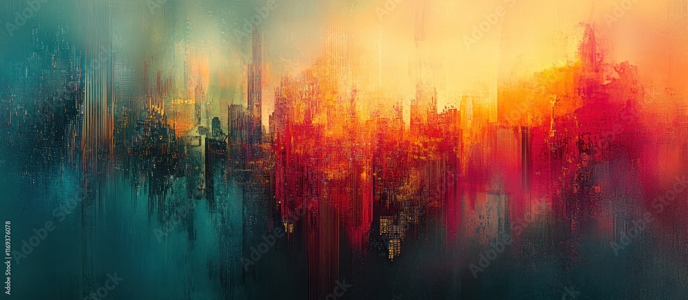 Abstract cityscape painting in warm and cool tones. Abstract cityscape painting in warm and cool tones.