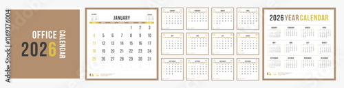 Office Calendar 2026, Calendar 2026 Office Yearly Planner Minimalist Square Set Design Template Vector