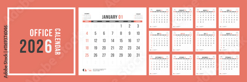 Classic Calendar 2026, Square Calendar 2026 Office Yearly Planner Bold Minimal Design Template Vector
