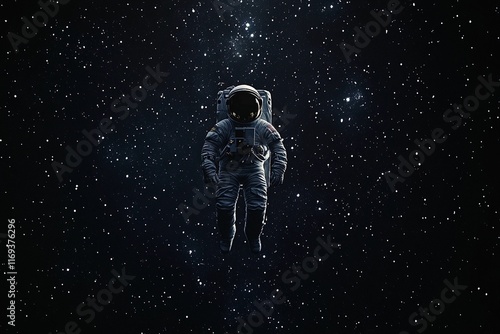 An astronaut drifts peacefully through the dark expanse of space, illuminated by countless stars sparkling in the distance. Generative AI photo