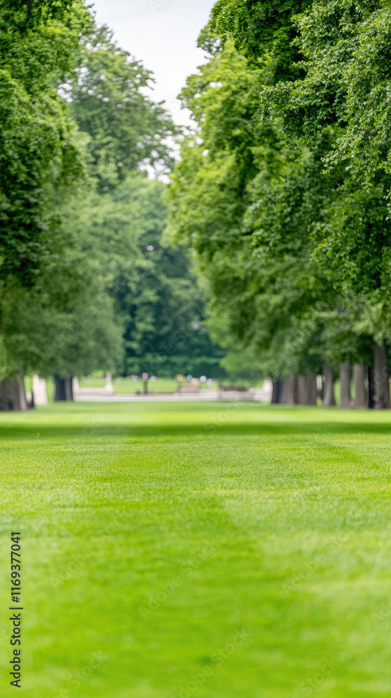 Naklejka premium serene green park with lush grass pathway surrounded by tall trees on sunny day