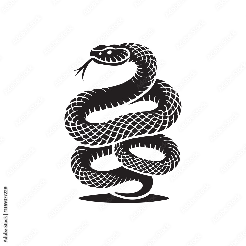 Fototapeta premium Rattlesnake coiled up silhouette vector art black color design and solid white background