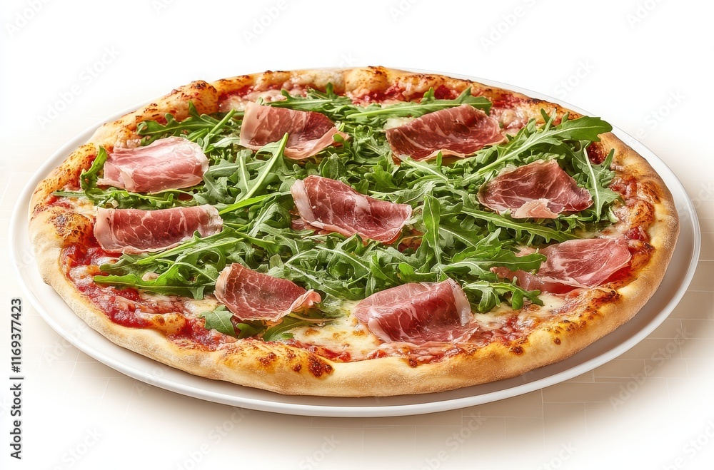 Freshly Baked Pizza Topped with Savory Prosciutto and Crisp Arugula on a Golden Crust, Perfect for Gourmet Dining or Casual Gatherings Freshly Baked Pizza Topped with Savory Prosciutto and Crisp Arugula on a Golden Crust, Perfect for Gourmet Dining or Casual Gatherings