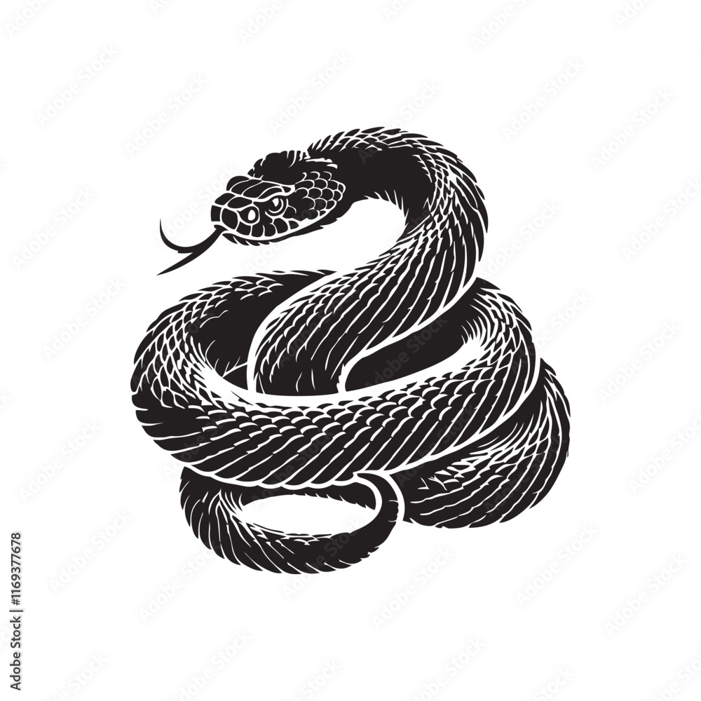 Obraz premium Rattlesnake coiled up silhouette vector art black color design and solid white background