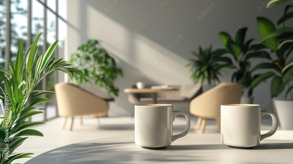 A relaxing office lounge with coffee mugs, plants, and minimalist furniture for a stress-free break. A relaxing office lounge with coffee mugs, plants, and minimalist furniture for a stress-free break.