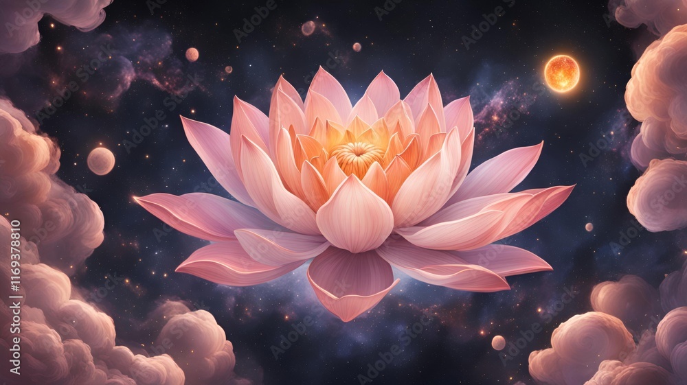 Blooming lotus in cosmic harmony with glowing celestial bodies Blooming lotus in cosmic harmony with glowing celestial bodies