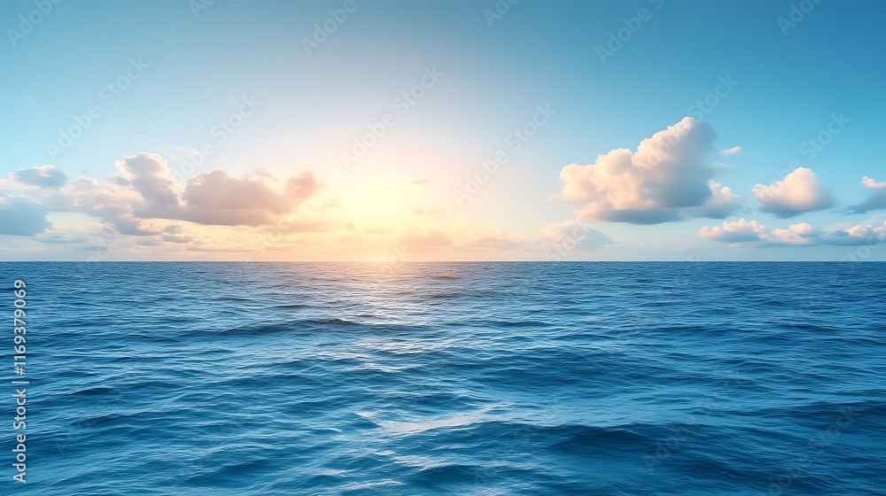 Obraz premium Serene Ocean Sunset with Fluffy Clouds Above