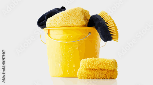 Yellow bucket with rag sponge: Essential car wash supplies for cleaning vehicles