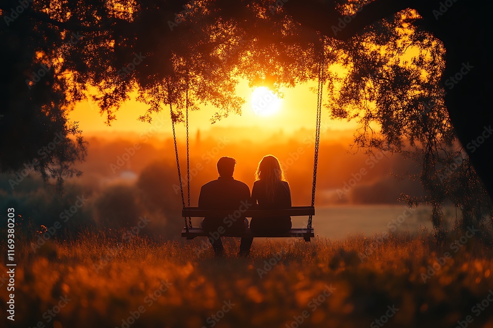 Couple silhouetted on a swing at sunset. Couple silhouetted on a swing at sunset.